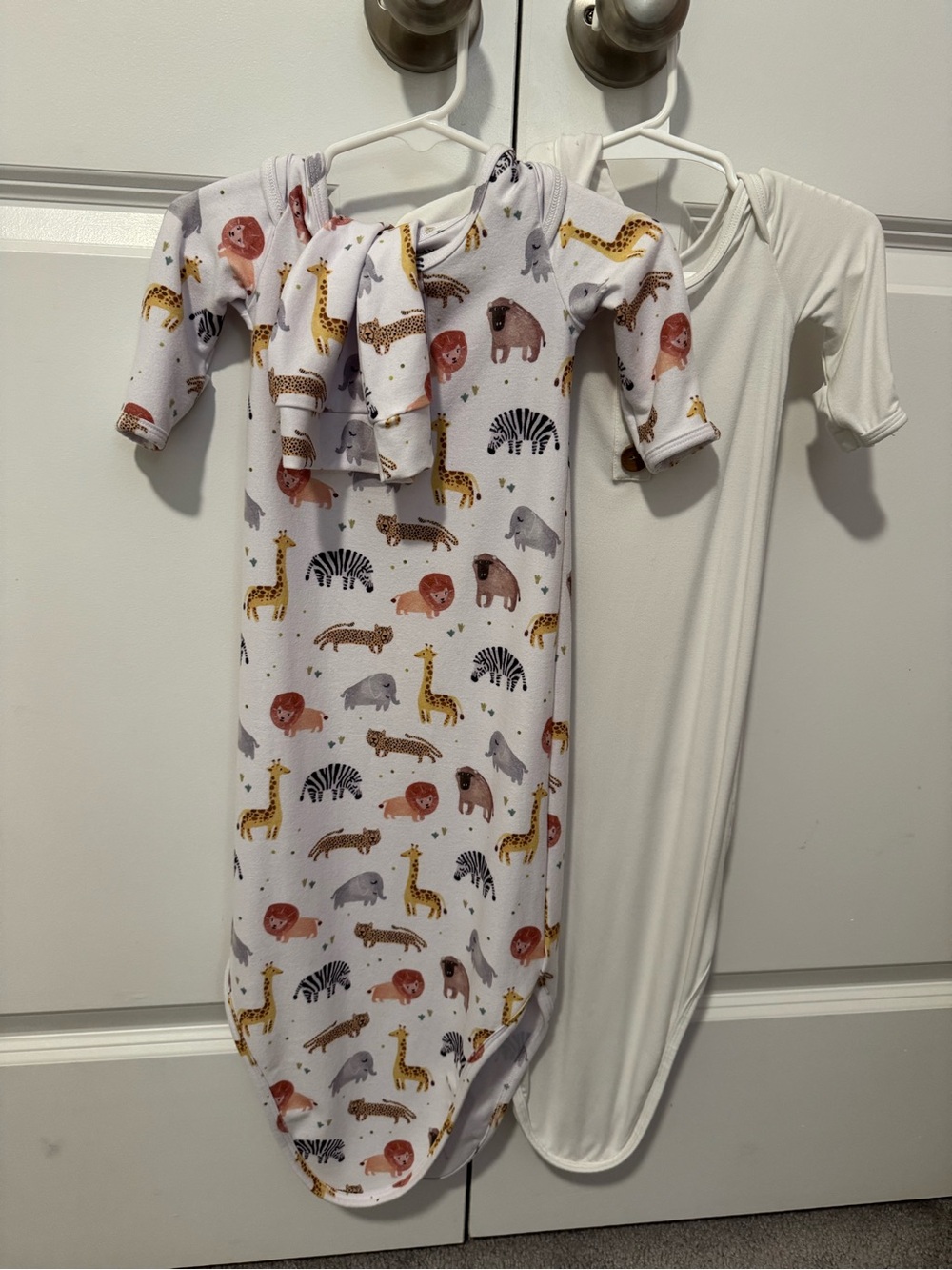 Caden Lane Baby Knot Gown and Hat - 2 sets. 1 Animal-Print & 1 plain white.